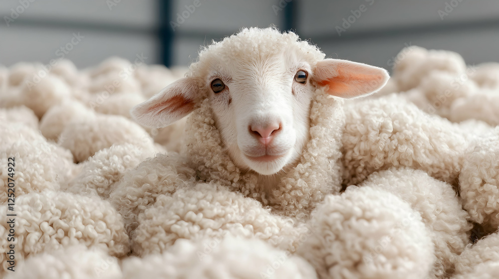 Fototapeta premium Lamb amidst fleece, farm, rural scene, wool production