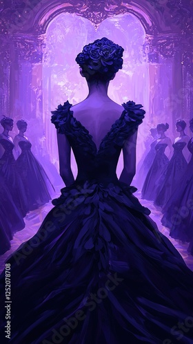 A solitary figure in a stunning purple gown stands against a mystical backdrop, surrounded by shadowy silhouettes of similar elegant dresses.