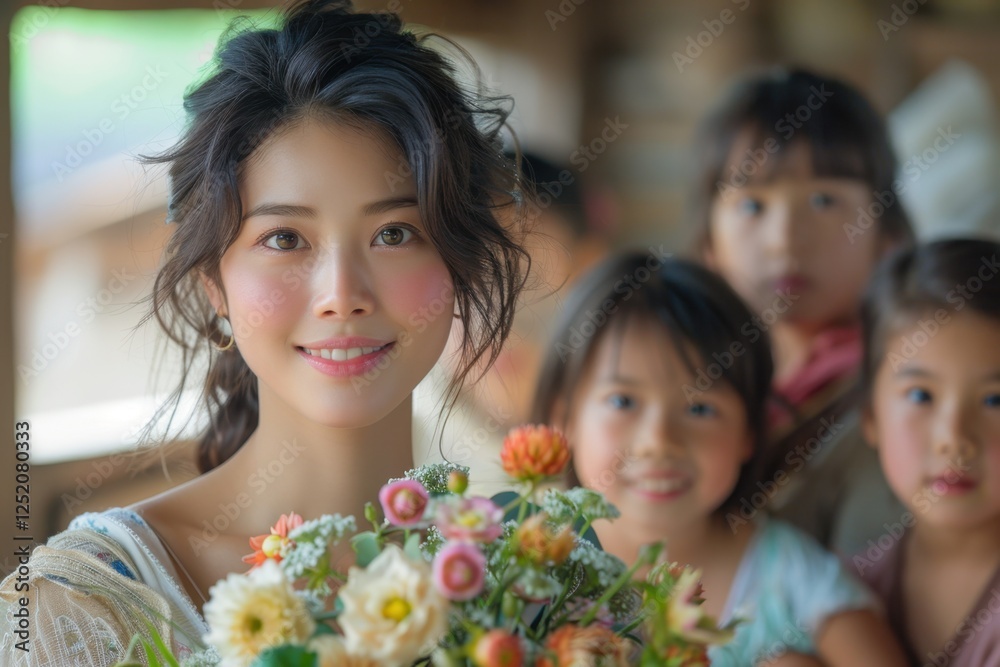 Woman holding a bouquet of flowers with two children Woman holding a bouquet of flowers with two children