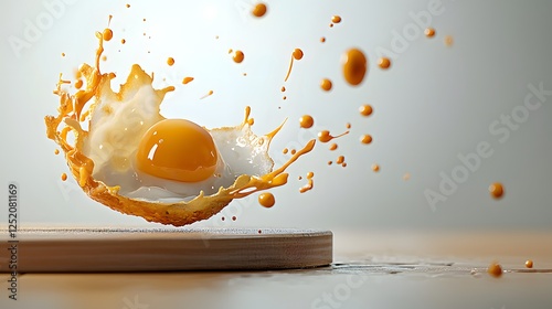 Wooden board with a fluffy egg omelet served on a plate in a kitchen setting