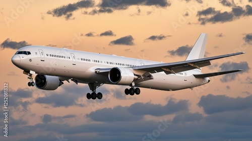 White jet plane landing, sunset clouds. Travel, stock photo