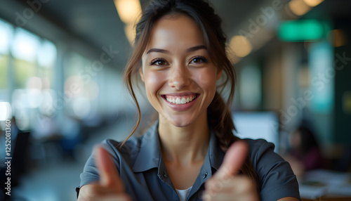 a smiling woman giving a thumbs up sign