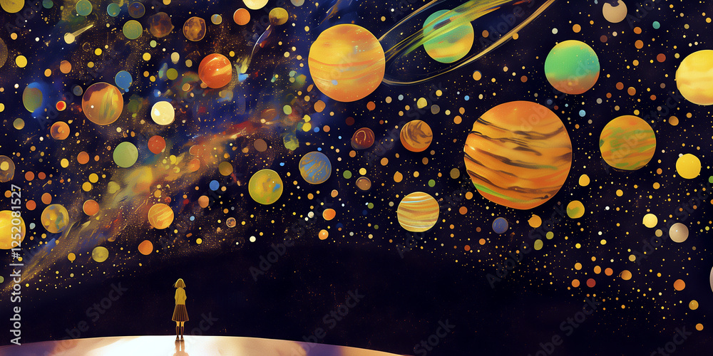 Obraz premium 博物館で休日を過ごす女性。水彩画。イラスト。広告素材。ブログ素材。博物館素材。