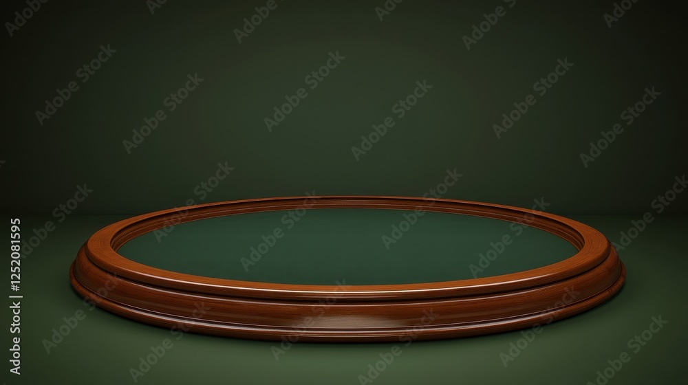 Wooden circular display platform on dark green background Wooden circular display platform on dark green background