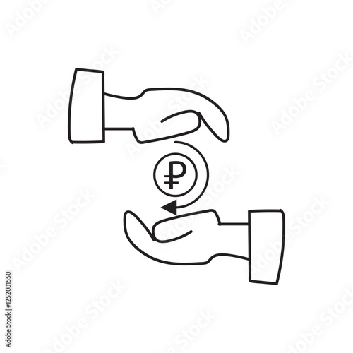 Save money sign Russian ruble. Hands and coin