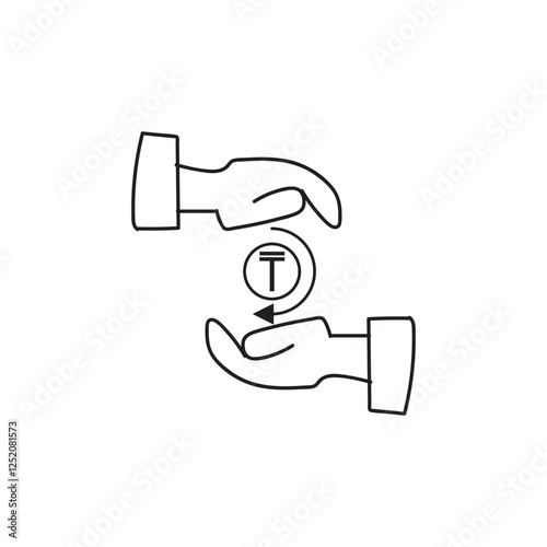 Save money sign Tenge is the monetary unit of Kazakhstan. Hands and coin