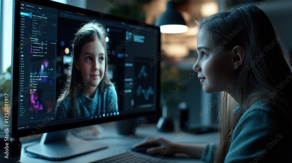 Girl edits photo of sister on computer, home office background Girl edits photo of sister on computer, home office background