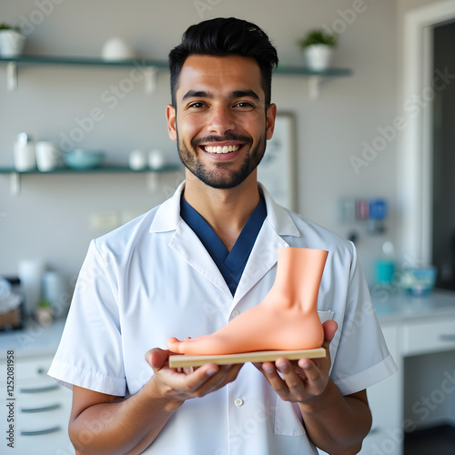 a man in a white lab coat holding a shoe