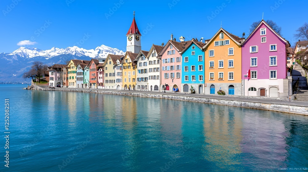 Obraz premium Colorful houses by lake, Swiss Alps background, sunny day, travel postcard