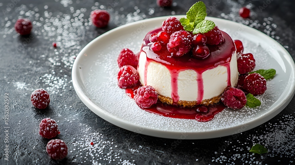Top view of an elegant dessert with raspberries and raspberry sauce on a white plate Top view of an elegant dessert with raspberries and raspberry sauce on a white plate