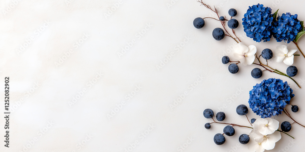 Elegant Floral Arrangement With Blue Hydrangeas And Berries On A Light Gray Background