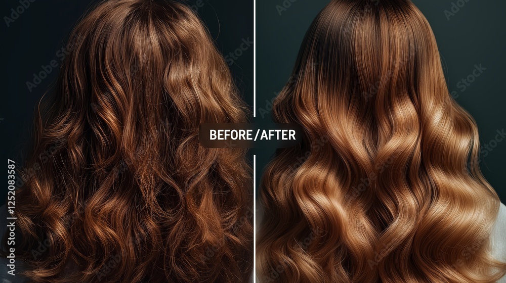 Fototapeta premium Transforming curly hair into sleek, shiny waves for a stunning look