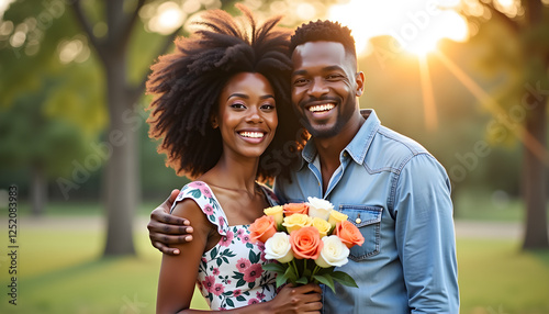 a man and a woman standing together in a park