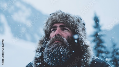 Man with frosted beard in snowy winter landscape, adventure and ruggedness concept photo