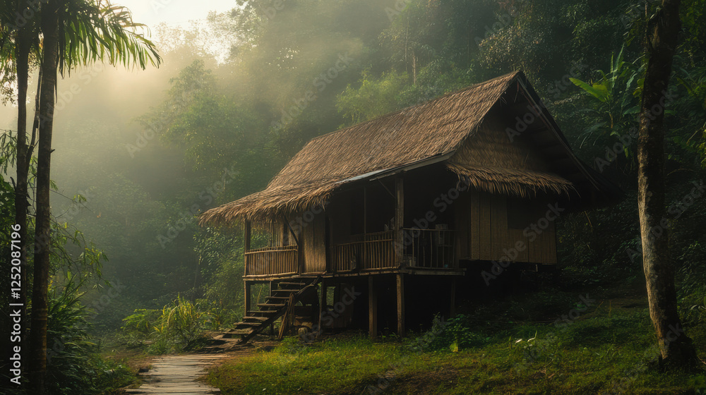 Rustic bamboo hut in misty jungle with lush greenery and dense trees at sunrise amidst tropical forest with wooden path leading to entrance Rustic bamboo hut in misty jungle with lush greenery and dense trees at sunrise amidst tropical forest with wooden path leading to entrance