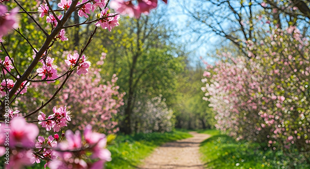 Blooming Pink Tree Blossoms Along a Tranquil Path in Springtime Blooming Pink Tree Blossoms Along a Tranquil Path in Springtime