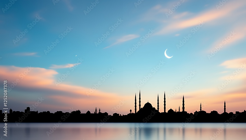 Fototapeta premium Cityscape Silhouette at Dusk with Mosque and Crescent Moon