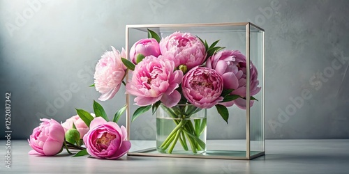 Fototapeta Naklejka Na Ścianę i Meble -  Elegant peonies nestled within a sleek and modern glass frame, modern decor, flower frame, botanical print