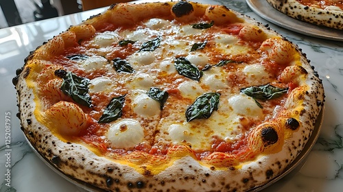 Overhead shot of a hot and fresh neapolitan pizza on a white plate with various toppings