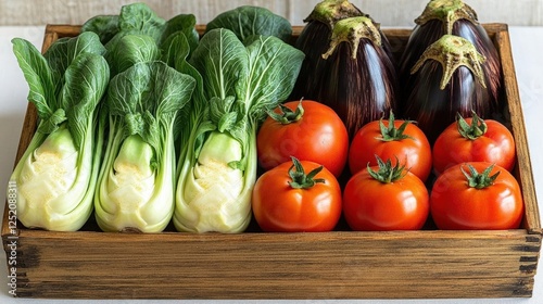 Assortment Of Fresh Vegetables In Wooden Tray