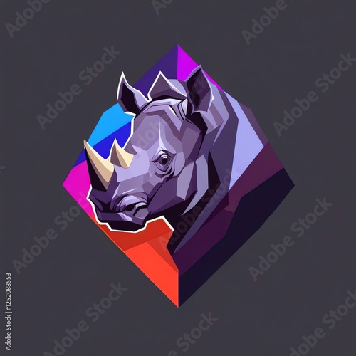 Geometric Rhino: A vibrant polygonal portrait of a rhinoceros head against a multicolored diamond backdrop, showcasing a modern and artistic interpretation of wildlife. photo