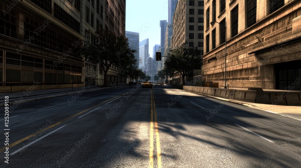 Empty city street with buildings and a taxi under bright sunlight, showcasing urban life Empty city street with buildings and a taxi under bright sunlight, showcasing urban life