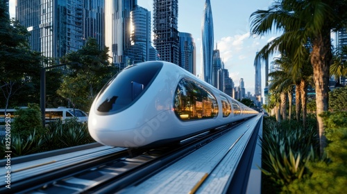 Futuristic train gliding through a modern cityscape with skyscrapers and palm trees photo