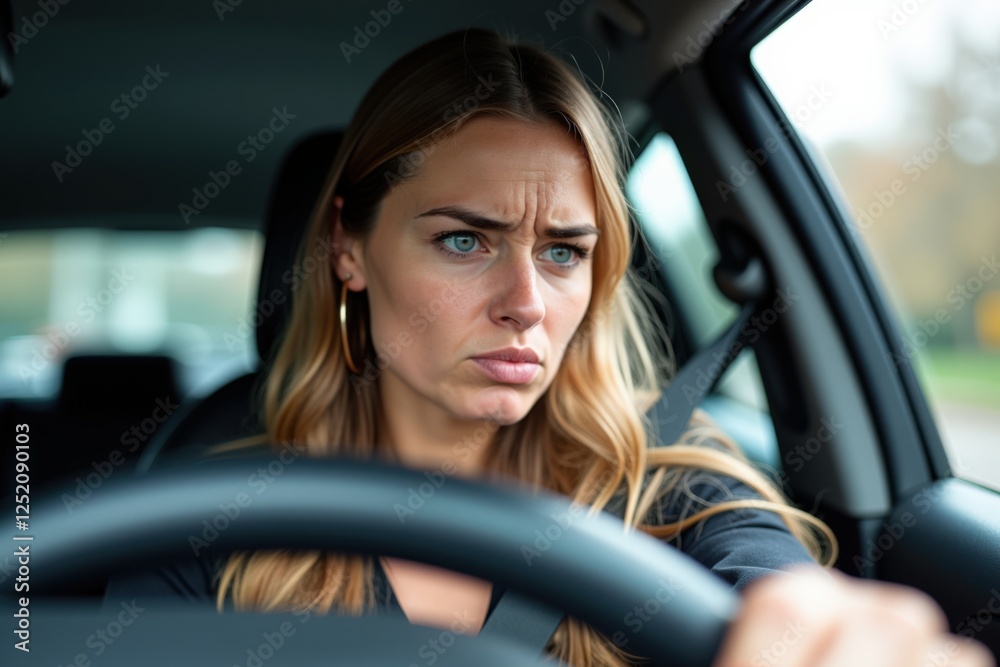 Intense Driver Focused on the Road: A Close-Up Portrait of a Confident Woman with Long Hair, Silently Navigating Through a City in Her Car Intense Driver Focused on the Road: A Close-Up Portrait of a Confident Woman with Long Hair, Silently Navigating Through a City in Her Car
