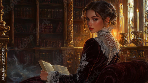 A noblewoman in a lace-trimmed velvet gown sits in a candlelit library, surrounded by ancient books and golden light