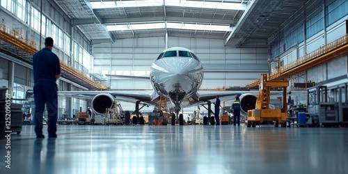 In a busy aircraft maintenance center, skilled workers meticulously assemble, repair, and maintain crucial components, ensuring high levels of safety and efficiency in modern aviation practices
