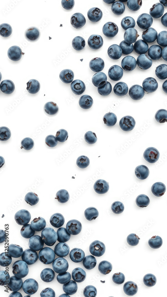 Falling blueberries scattered on a white background with a clipped path, creating a sense of movement and texture, nature, isolated, minimalist style, falling fruit Falling blueberries scattered on a white background with a clipped path, creating a sense of movement and texture, nature, isolated, minimalist style, falling fruit