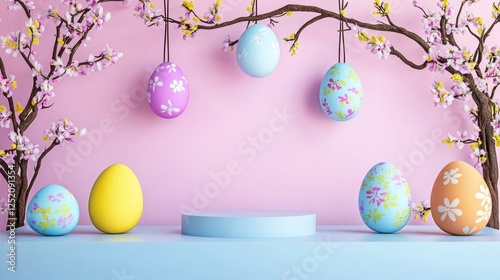 Pastel Easter Eggs Hanging From Blossom Branches photo