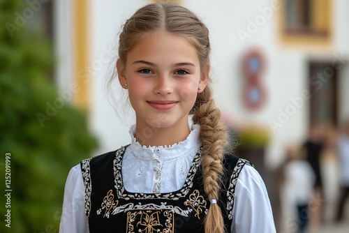 Young girl in traditional dress, smiling, outdoors photo