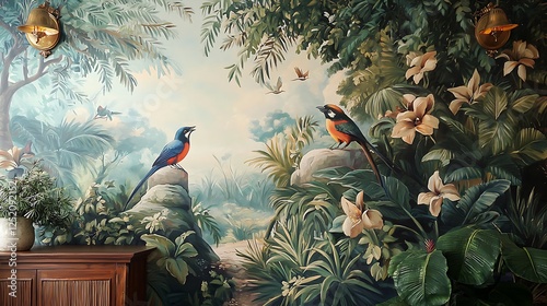 Timeless Roman garden mural showcasing exotic birds, lush greenery, and intricate floral details