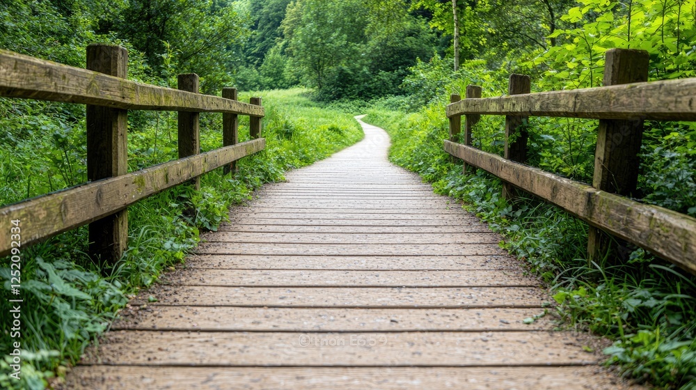 Wooden pathway through a lush forest. Possible use Outdoor adventure, hiking, nature, travel Wooden pathway through a lush forest. Possible use Outdoor adventure, hiking, nature, travel