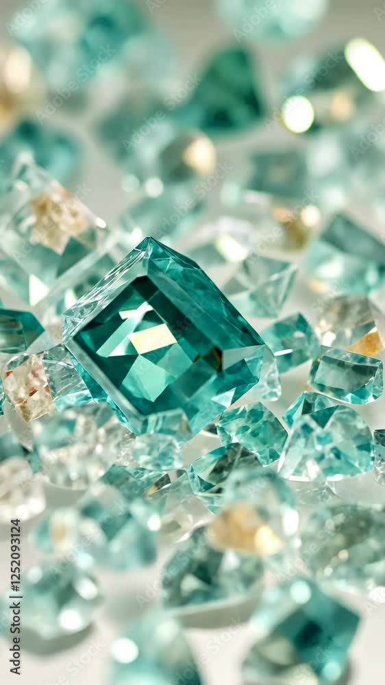 Sparkling teal and clear crystals create a stunning arrangement on a light surface in this close-up shot Sparkling teal and clear crystals create a stunning arrangement on a light surface in this close-up shot