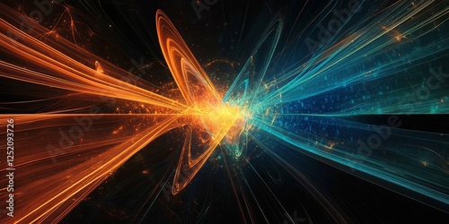 This is an abstract piece of digital art that showcases radiant streaks of light coming together and converging, which strongly evokes feelings of speed and dynamic motion on a dark backdrop