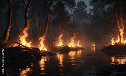 Flames dancing in the darkness of a riverbank forest , bonfire, forest, flames