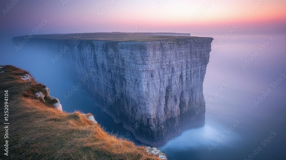 Fototapeta premium Misty Sunrise Over Isolated Clifftop Island