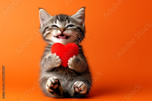 Kurilian bobtail - my treasured cat. Marketing creative. Cute kurilian bobtail baby feline cub with fluffy red heart - symbol of love, funny greeting card. February 14th pet love. Animal love.