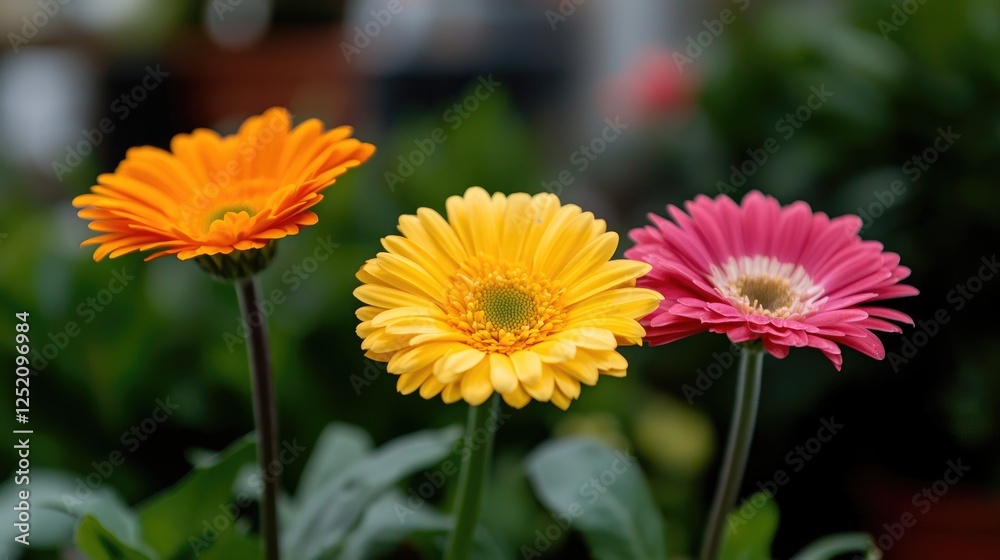Colorful gerbera daisies in a pot, vibrant flowers in a garden setting, possible use for floral design, nature photography