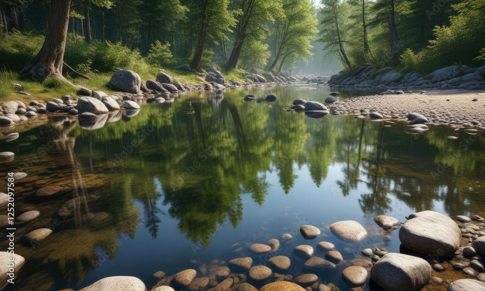 Forest river with smooth stones and trees reflected in the calm water, forest, stone, river, calm, peaceful Forest river with smooth stones and trees reflected in the calm water, forest, stone, river, calm, peaceful