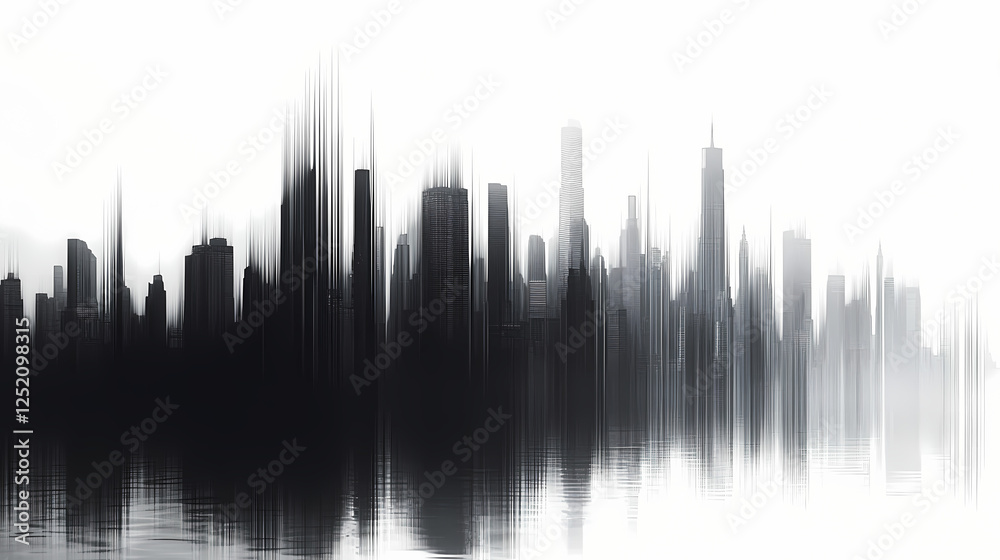Abstract city skyline with soundwave effect, in grayscale tones. Soundwave Architecture. Illustration Abstract city skyline with soundwave effect, in grayscale tones. Soundwave Architecture. Illustration