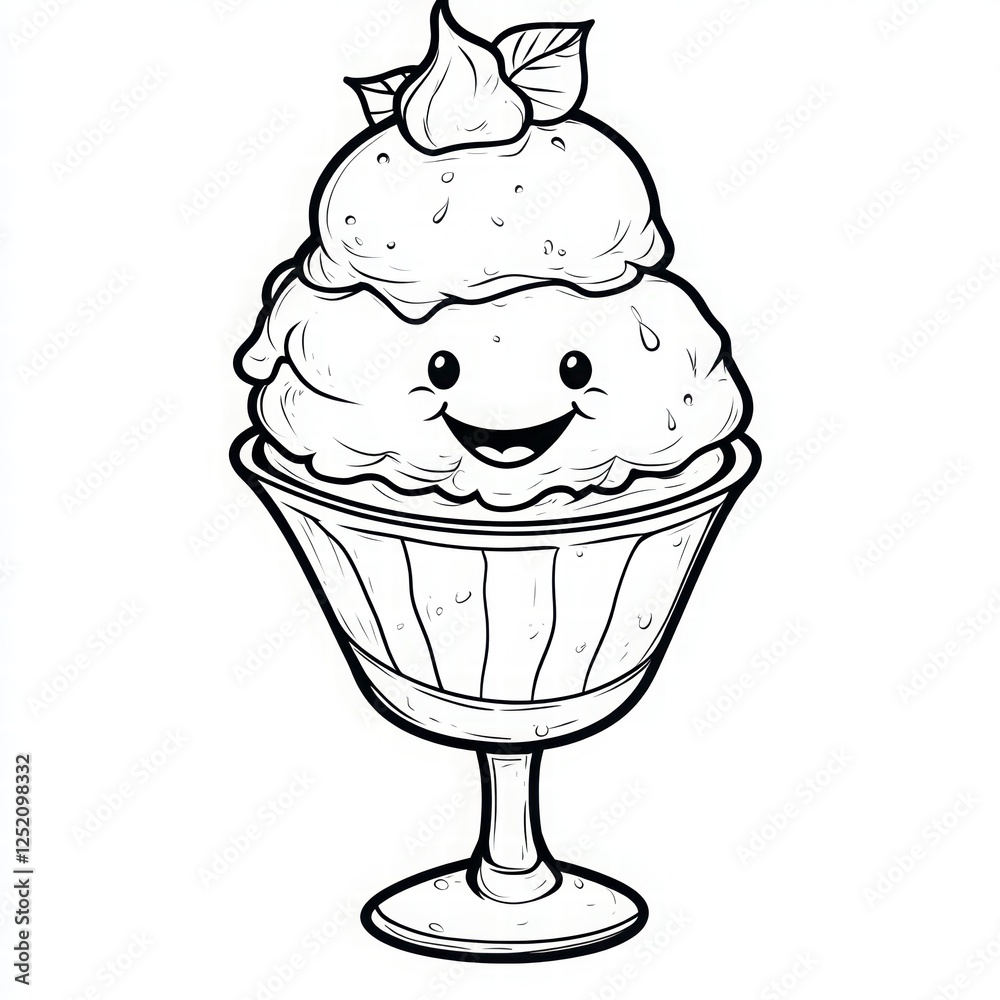 Outlined Cartoon Ice Cream Sundae in Glass Dish Outlined Cartoon Ice Cream Sundae in Glass Dish