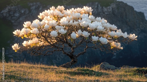 Coastal Magnolia Tree Blossoms Sunrise, Dramatic Cliffs photo