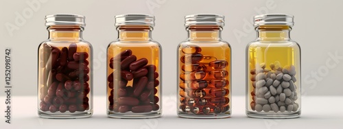 a group of pills in a glass bottle