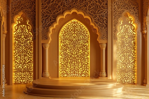 Elegant Golden Islamic Architecture Interior Design Wooden Archway Backdrop