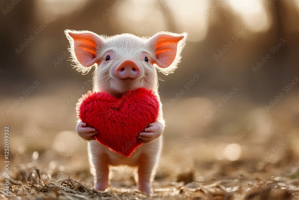 custom made wallpaper toronto digitalMini pig - my preferred animal. Cute mini pig baby with fluffy red heart on in a natural habitat. Digital ads animal conceptual art. Valentine's day celebration in nature. Love story in nature.