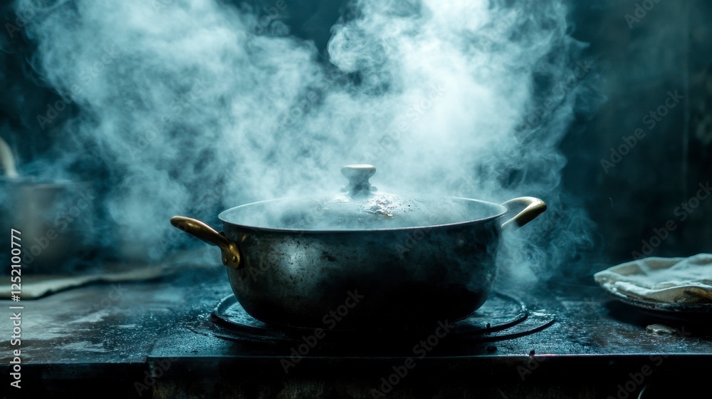 Steaming Pot on Stove, Dark Kitchen Scene - Culinary Mystery Steaming Pot on Stove, Dark Kitchen Scene - Culinary Mystery