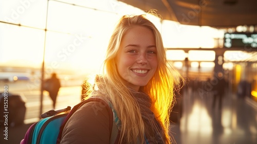 Wallpaper Mural Happy Young Woman Traveler at Sunset Airport Torontodigital.ca